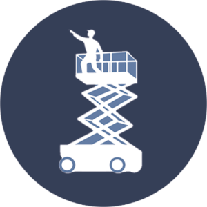 Maintenance icon of a worker in a bucket truck to represent quick and easy installation.