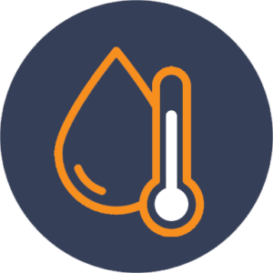 Icon of water drop and thermometer to symbolize withstanding high heat & humidity.